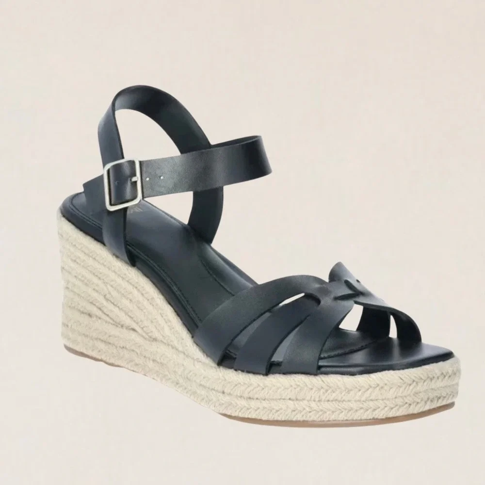 Time and Tru Womens Black Espadrille Wedge Sandals Platform‎ Buckle Strap Size 9